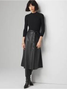 EUC White House Black Market 3/4 Sleeve Faux-Leather Midi Skirt Dress Black Sz 4